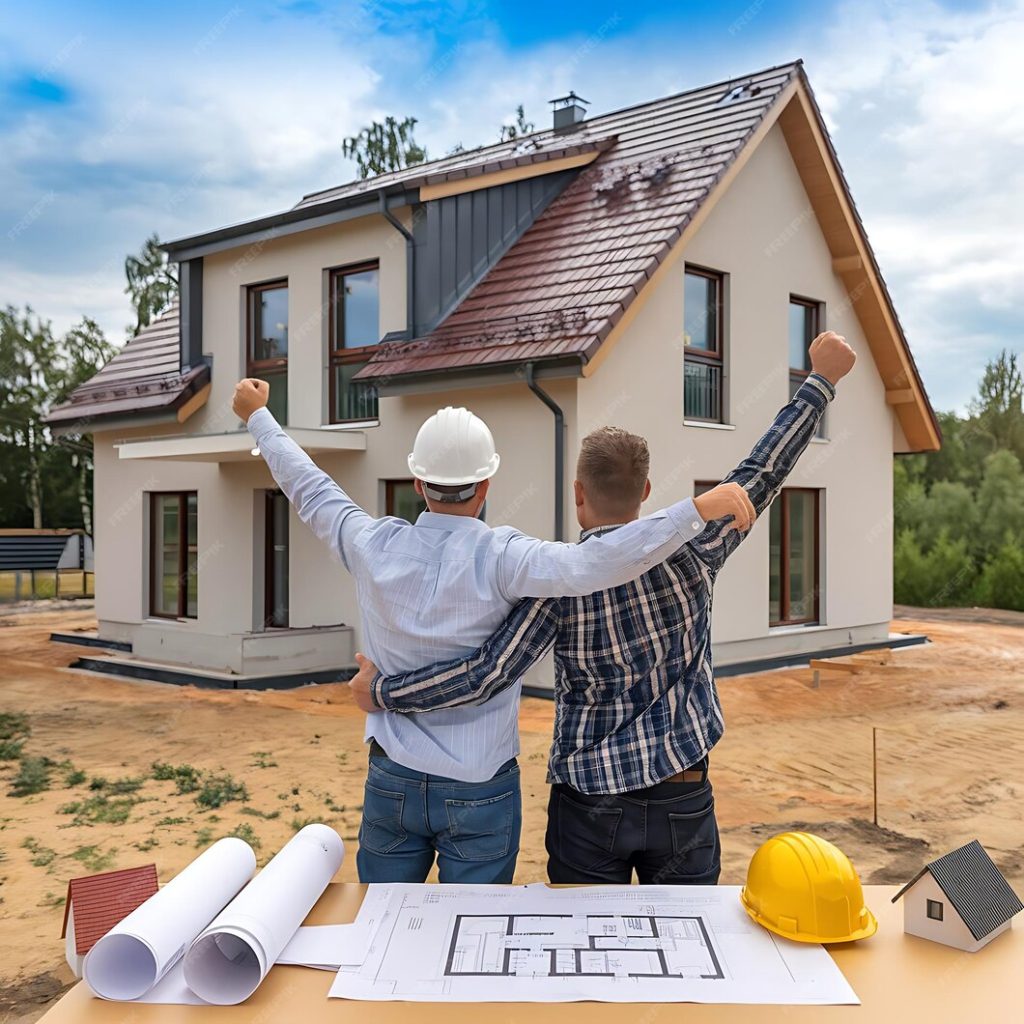 Two men are standing in front of the newly built house