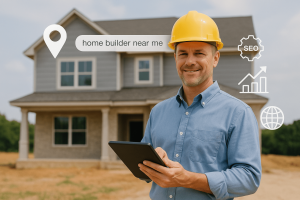 Home builder in hard hat holding a tablet in front of a newly constructed house with SEO icons and a local search bar overlay