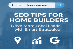 home builder lead generation graphic with search bar and SEO icons.