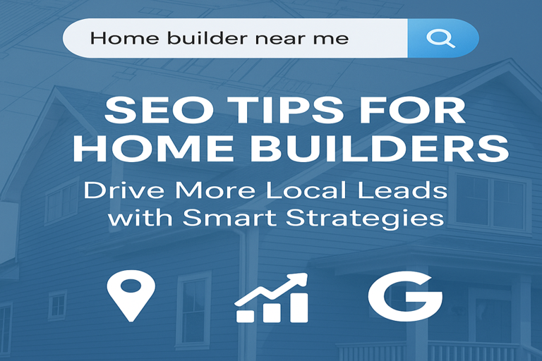 home builder lead generation graphic with search bar and SEO icons.
